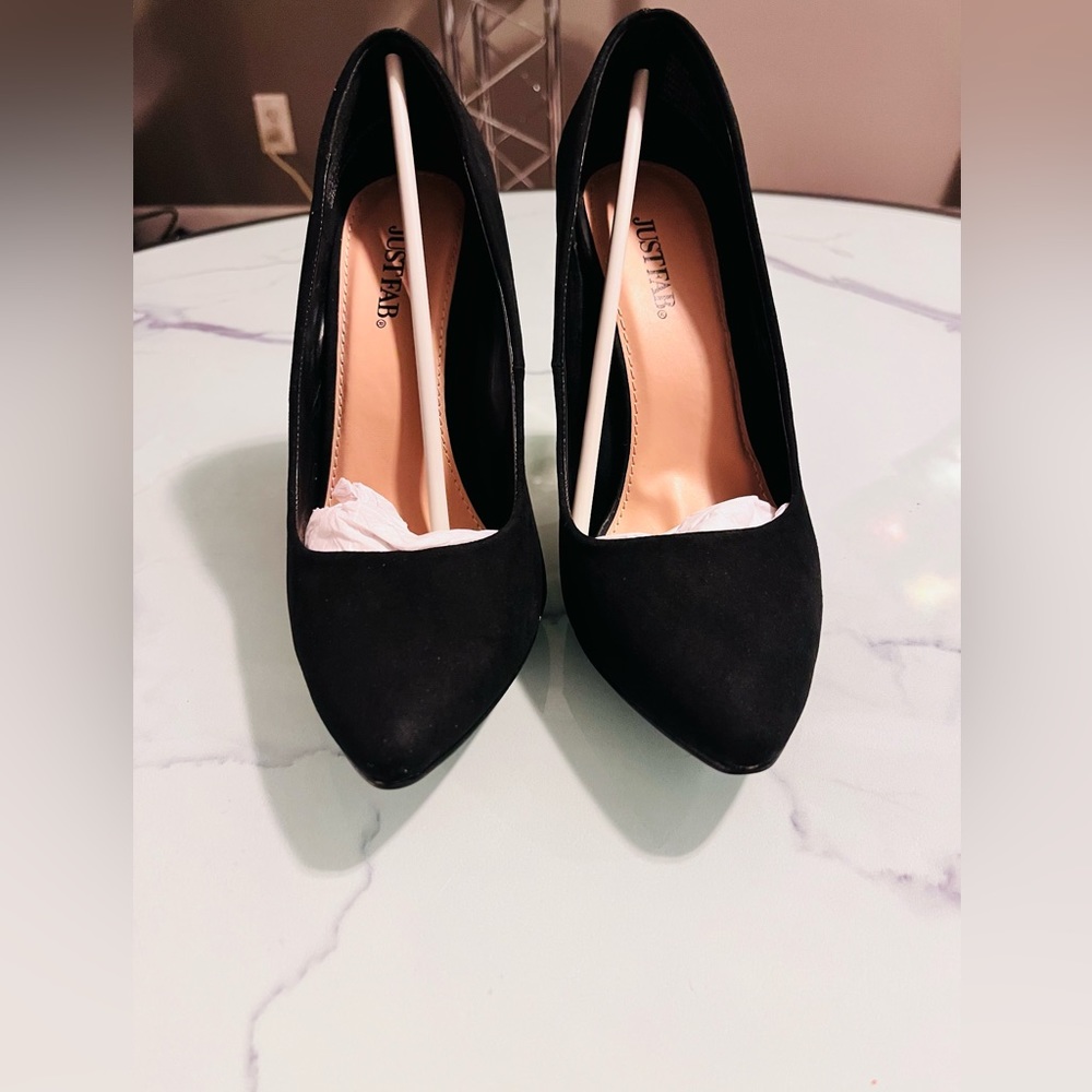 Black suede gold heels